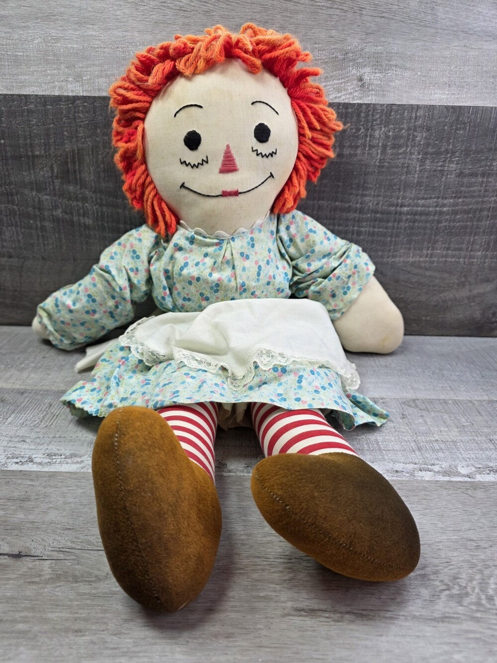 24โ Vintage Large Raggedy Ann Doll Handmade Blue Ditsy Floral Dress g58